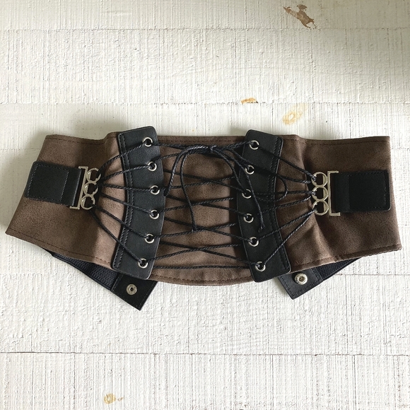 Wide waist brown corset Adjustable faux leather suede Steampunk Lace up Belt - Picture 11 of 12